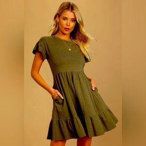 Lulu Boho Classy Cotton Baby Doll Tiered Pockets Dress Olive size S